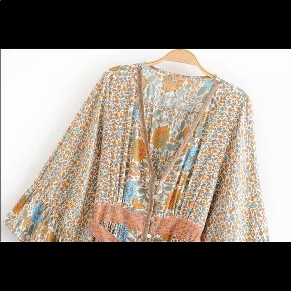 Boho Floral Gypsy Print Maxi Dress Yellow kimono - Picture 4 of 6